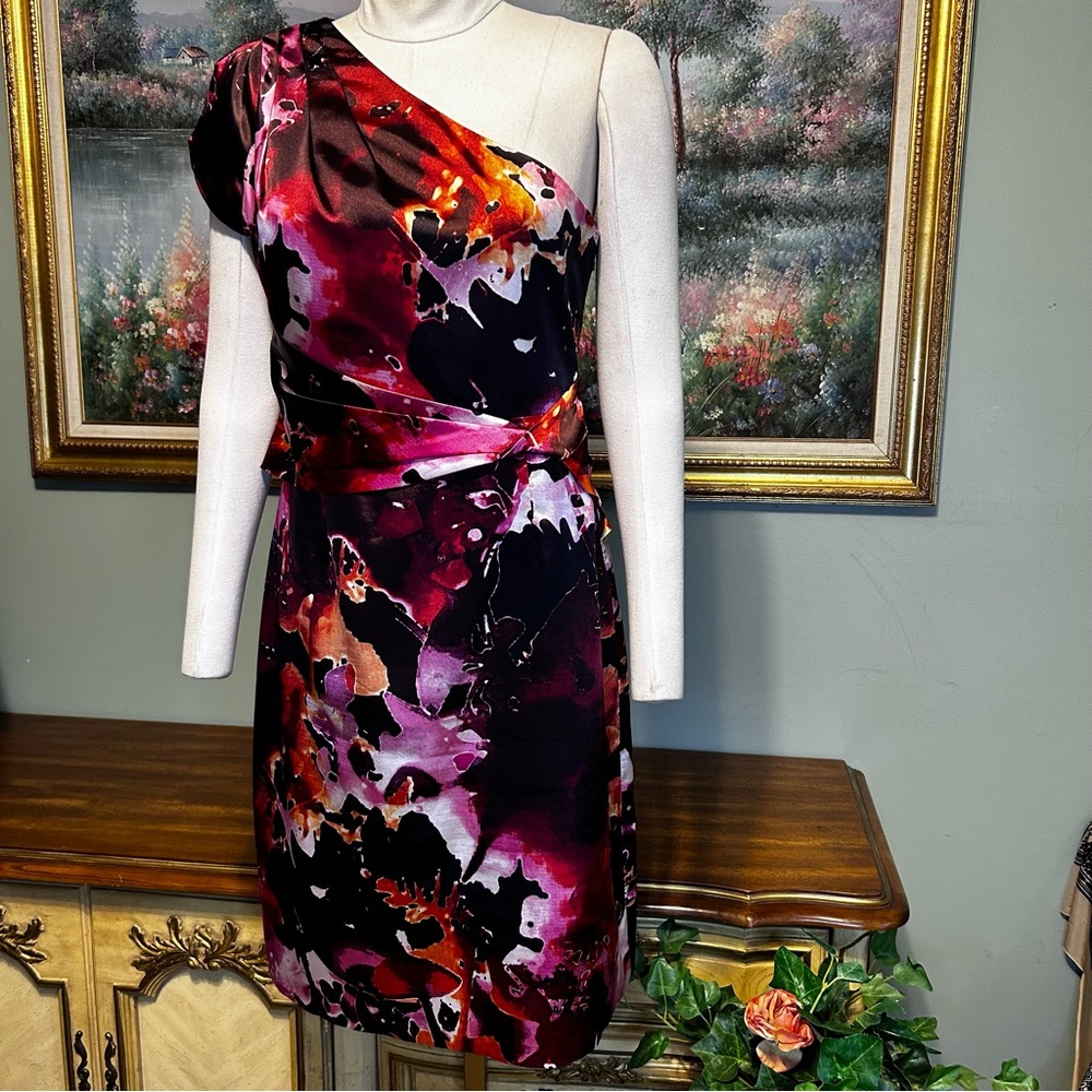 Tahari One Shoulder Black Purple Pink Lilac Danika One Shoulder Floral Dress - Picture 9 of 15